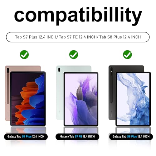 Image of Case for Galaxy Tab S7 FE /S7 Plus /S8 Plus 12.4 INCH: TPU Protective Cover for Samsung Tablet S7 FE /S7 Plus /S8 Plus 12.4 with Screen Protector-Stand- Handle + Shoulder Strap-S-Pen Holder- Black
