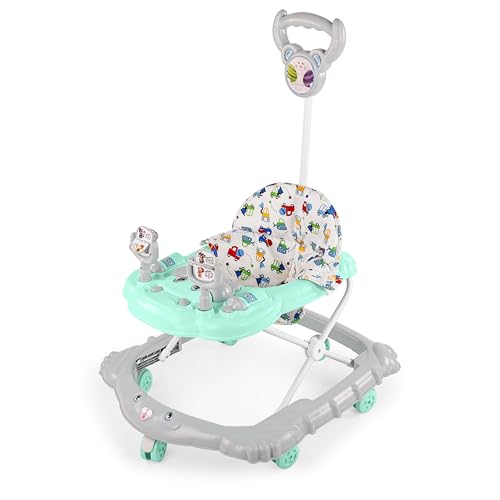 Image of BabyGo Jonny Walker for 6-24 Months, Baby Walker with Push Handle & Activity Tray - Foldable Adjustable Height Infant Walker with Wheels, Music,Toy Bar and Comfotable seat (Blue-Grey)