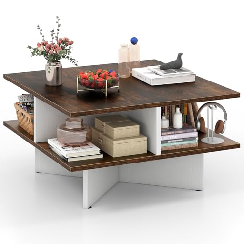 COSTWAY 2-Tier Coffee Table with 4 Storage Shelves, Industrial Wo...