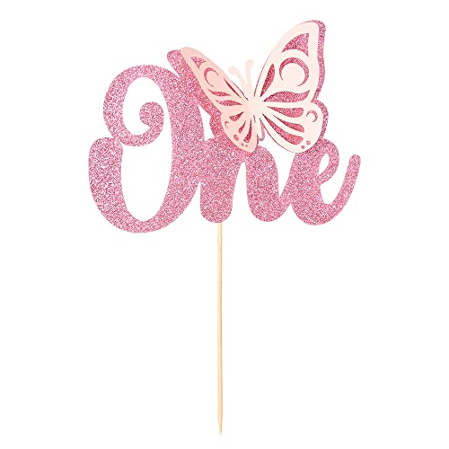 Gyufise 1Pcs Butterfly Cake Topper - Pink Glitter Baby Shower & 1st Birthday Cake Pick Decorations