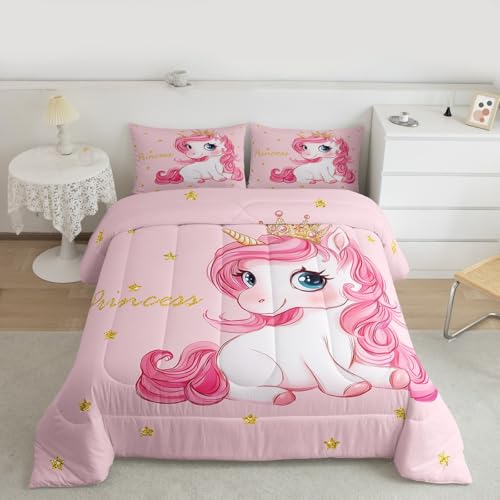 Image of Erosebridal Pink Unicorn King Bed Comforter Set for Girls | Kawaii Princess Unicorn Bedding Set Cute Stars Reversible Bed Sets Girly Cartoon Horse Quilt Comforter Fantasy Girls Room Decor,3 Pcs