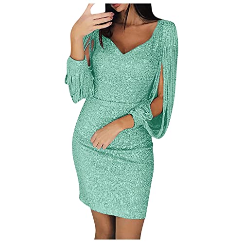 Kleid Damen Elegant Sexy Tief V-Ausschnitt Minikleid Bodycon Langarm Elegante Enges Minikleid Langarm Clubwear Kurz Wickelkleid Festliche Pailletten...