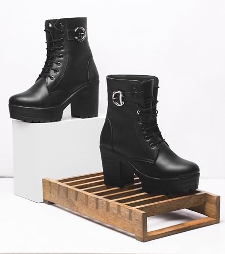 Image of JM LOOKS Women's Lace-Up Platform Block Heel Boots | Stylish and Comfortable for Any Occasion