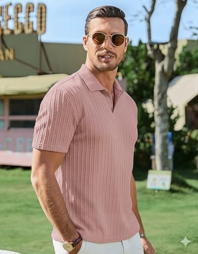 Image of Zilcon Mens Casual Polo Shirt Summer Short Sleeve Vacation Button Beach Knit Stretchy Golf Tshirts
