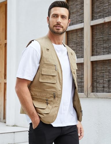 Gihuo Men's Fishing Vest Utility Safari Travel Vest with Pockets Outdoor Work Photo Cargo Fly Summer Vest (XX-Large, Khaki)