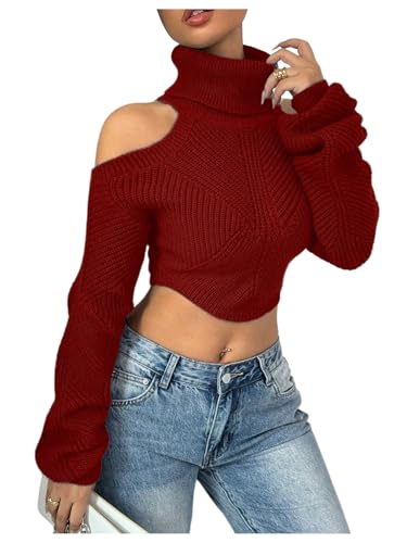 SOLY HUX Sweaters for Women Turtleneck Cold Shoulder Long Sleeve Cropped Pullover Tops Knit Fall Sweater
