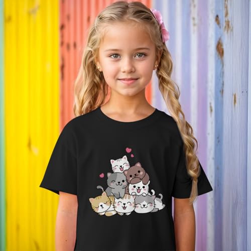 Image of KEEVICI Cute Cartoon Cat Shirts for Girls Kids Graphic Tees Kawaii Animal Pattern T Shirt Cotton Crewneck Summer Loose Tops