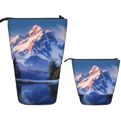 FZQVSLCM 伸縮ペンシルケース 雪山 立ちペンホルダー ポップアップペンシルポーチ かわいい スタンドアップコスメバッグ 旅行メイクバッグ ポータブル トイレタリーバッグ レディース メンズ オフィス用品