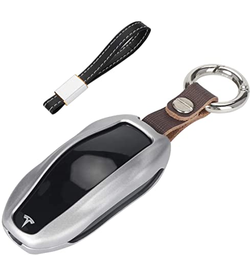 AziPro Tesla Key Fob Cover Case, Alumium Hard Keyless Remote Flip Key Protection Case Shell Cover Key Chain for Men Women (Model S & Model 3, Silver)