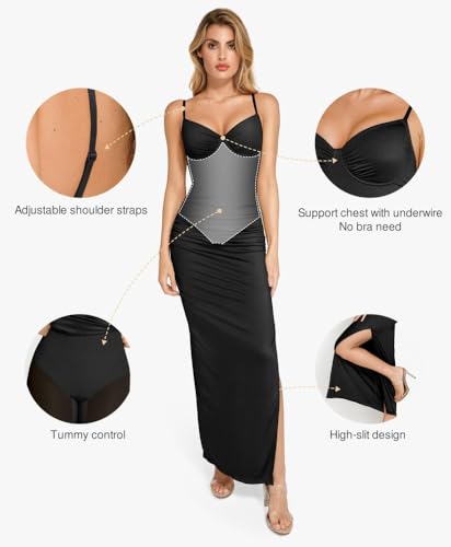 Image of Popilush V Neck Cocktail Dresses Women Shapewear Dress Adjustable Maxi Dress Tummy Control Party Dress