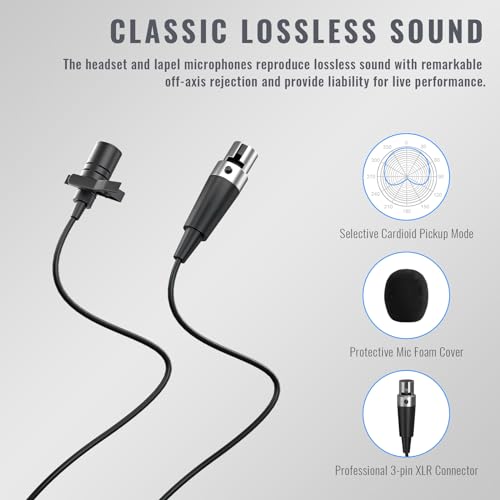 Phenyx Pro UHF Wireless Microphone System w/ 2x30 Frequencies, Metal Cordless Mic Set, 2 Bodypacks & Headsets/Lapel Microphones for Speaking, Singing, Church, DJ (PTU-52-2B)