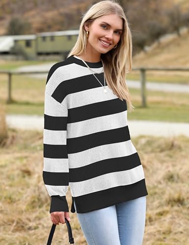 Image of Zeagoo Women 2026 Fall Lightweight Oversized Sweater Crew Neck Long Sleeve Color Block Pullover Rib Knit Blouse Tops XS-2XL