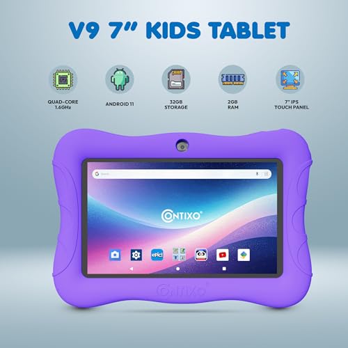 Image of Contixo 7 inch Kids Tablet Bundle - Android Tablets and Kids Wired Headphones, with 14+ Games and Educational Apps, WiFi, 32GB ROM, Learning Tablet for Kids - Purple