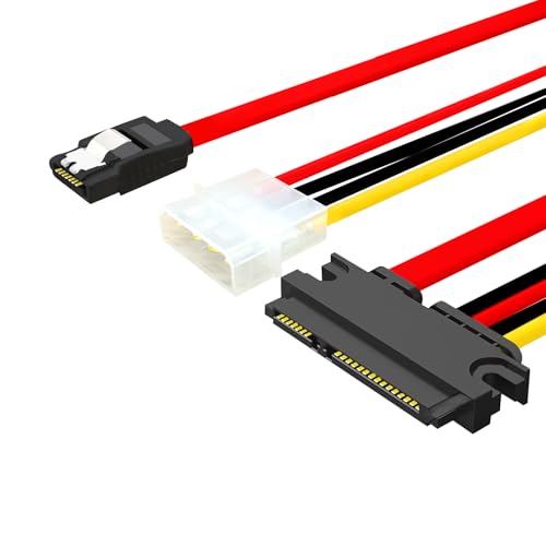 ELFJMZP SATA Hard Drive Data Power Combination Cable - 7+15-pin 22-pin Adapter to Molex 4Pin Power + Motherboard SATA Data Cable - Supports 3.5/2.5-inch HDD/SSD/Optical Drive (Red) (30, Centimeters)