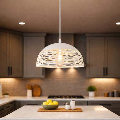 Partenopea Lampadario a Sospensione da Soffitto E27 in Ferro Verniciato, Paralume Traforato Design Moderno, Ø35xH26 cm, Filo 120 cm, per Cucina, Soggiorno, Locali, Lampadina non Inclusa (Bianco)