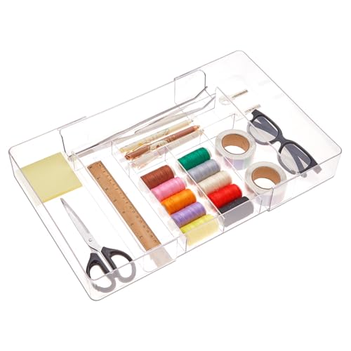 DICOSMETIC Organizador de cajones acrílico expandible de 8 rejillas de 10.5 x 10.5 x 2.2 pulgadas con compartimento ajustable, bandeja divisora transparente poco profunda para maquillaje, cubiertos