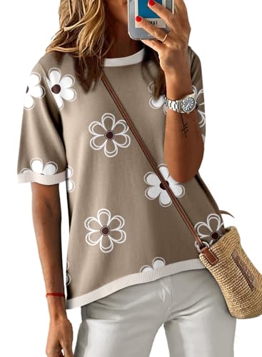 Image of Dokotoo Womens Tops 2026 Casual Summer Crewneck Short Sleeve Striped Color Block Knit High Low Trendy Pullover Sweaters