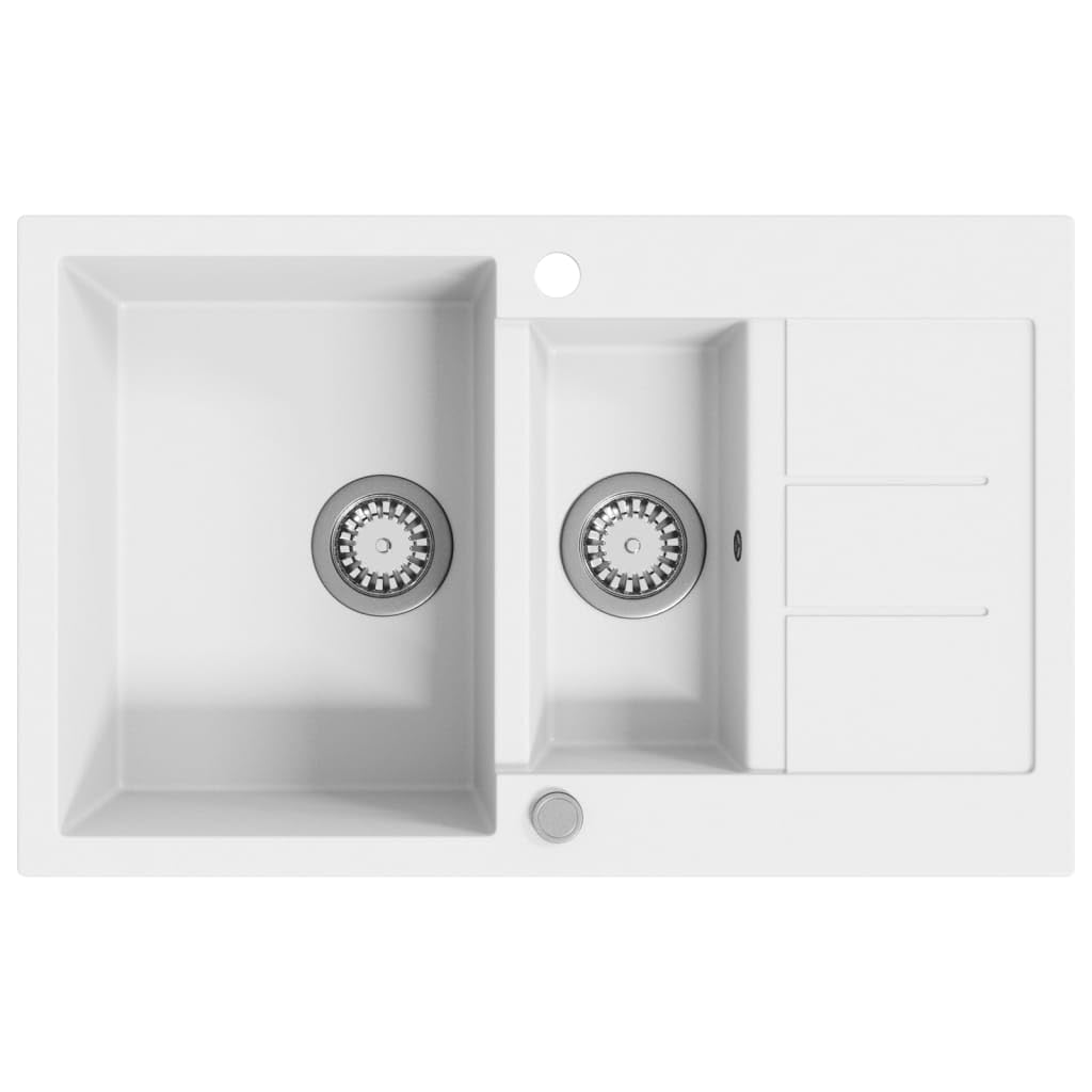 vidaXL Granite Kitchen Sink-Double Basin-Heat/Scratch -Reversible-White-Includes Basket Strainer-Easy Install-800x500x306mm