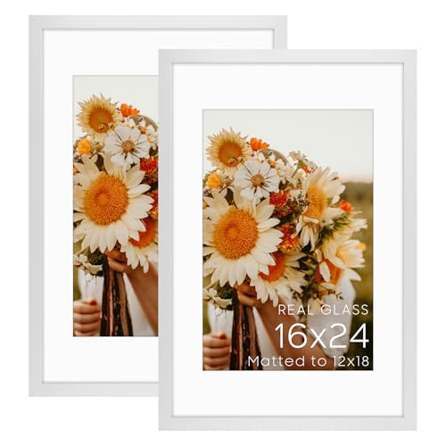 Golden State Art 2 Pack 16x24 White Picture Frame Mat for 12x18 Real Glass