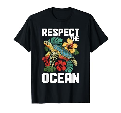 Respect The Ocean Sea Turtle Surfer Buceo Flores Camiseta