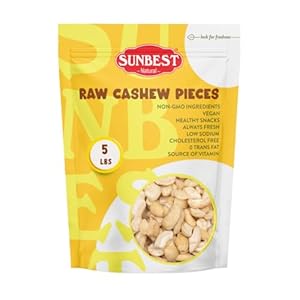 Sunbest Natural Raw Large Cashew Pieces 80 Oz (5 lbs) 1 Pack – Unroasted & Unsalted for Cooking, Baking & Snacking – Fresh, Nutrient-Rich, Keto, Paleo & Vegan – Non-GMO, Gluten-Free – Long-Lasting Freshness