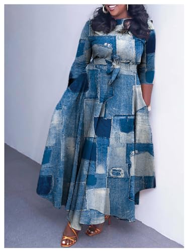 Image of Hostoyo Women Plus Size Formal A Line Maxi Dress Self Tie Waist with Pockets Elegant Round Neck Swing Long Dresses