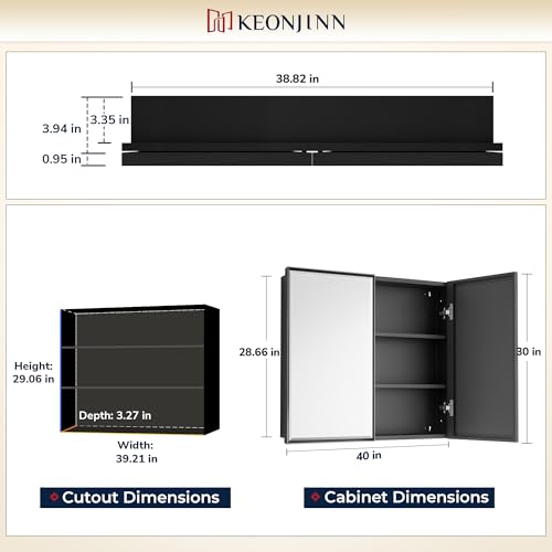 Image of Keonjinn 40 inchx30 inch Large Black Bathroom Medicine Cabinets with Mirror, 2 Door