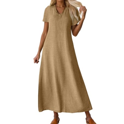 Bastwahl Sommerkleid lang Damen Boho bunt, Leinenkleider für Damen leicht und luftig V-Ausschnitt kurzärmliges Maxikleid - Sommer lässiges...