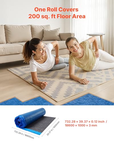 Image of VEVOR Floor Underlayment 400 sq. ft, 3mm Laminate Flooring Padding with Attached Vapor Barrier, Heavy Duty Fiber+PE Film, Soundproofing & Noise Reduction for Vinyl & Wood(2 Rolls x 200 sq. ft)