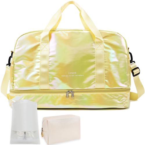 JEWYOCO Gym Bag for Women Sports Travel Duffel Bag with Toiletry Bag Weekender Overnight Carry On Bag with Shoes Compartment Wet Pocket for Girls Yoga Workout Swim Bags Yellow