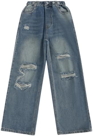 NABER Kids Girls Elastic Waist Cool Ripped Jeans Washed Denim Wide Leg Ripped Denim Jean Age 5-15 Years