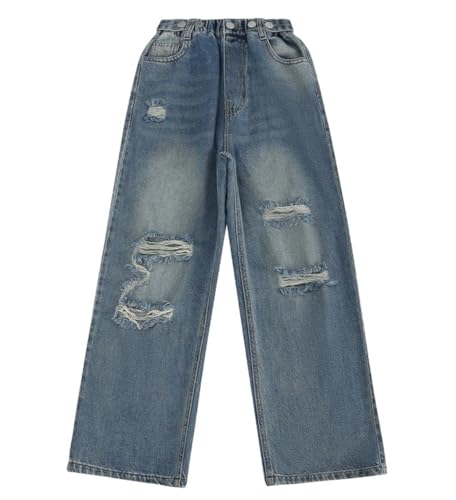 NABER Kids Girls Elastic Waist Cool Ripped Jeans Washed Denim Wide Leg Ripped Denim Jean Age 5-15 Years