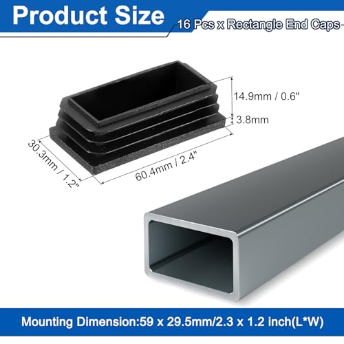 Image of uxcell 16 Pcs Rectangle Tubing End Caps 2 3 /8 x 1 3 /16 Inch Plastic Hole Plugs Insert End Cap for Metal Tubing Post Chair Leg Table Bookshelves Furniture, Black