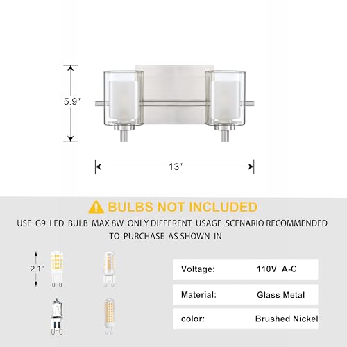 Image of 13 inch Clear Frosted Glass Bathroom Modern Wall Sconce Fixture for Bedroom Hallway Bedside 2 Light Brushed Nickel Wall Sconce