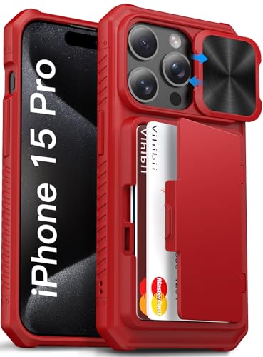 Image of Vihibii PC For iPhone 15 Pro Wallet Case With Card Holder(4 Cards)&Slide Camera Cover&Kickstand&Raised Edges Protective Screen,Shockproof Rugged Back Cover For iPhone 15 Pro 5G 6.1 inch 2023,Red