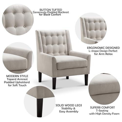 Rosevera Nadia 30” Accent Fabric Upholstered Arm Tufted Comfy for Reading in Bedroom, Living Room, Sofa Chair,Armchair for Small Space,Wood Legs, Standard, Velvet Beige