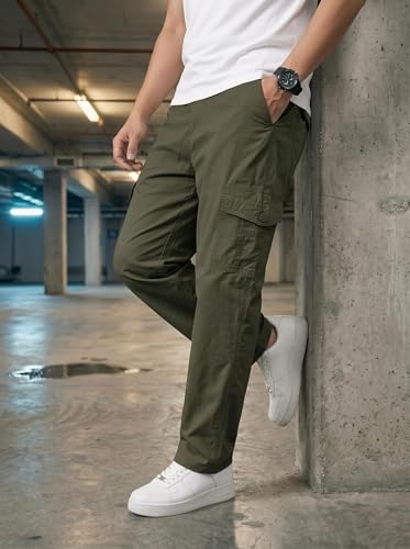 Image of Men's Cargo Trousers-100% Premium Cotton Regular Fit Lightweight Breathable Elastic Waist Multi-Pocket Casual Utility Pants