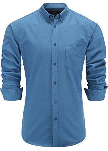Emiqude Men's 100% Oxford Cotton Slim Fit Long Sleeve Button Down Solid Dress Shirt Medium Blue