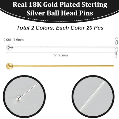 Beebeecraft 1 Box 40Pcs 2 Colors 25mm/1 Inch Ball Head Pins 18K Gold Plated Sterling Silver Bendable Headpin for Jewellery Making 24 Gauge/0.5mm - Image 2