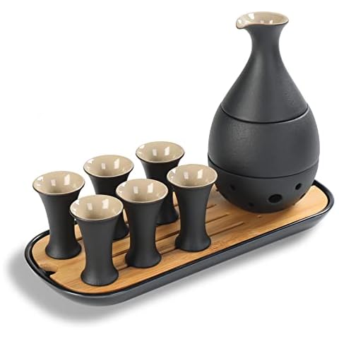 TEANAGOO Traditional Japanese Sake Set, Sake Carafe(6 Oz) with 6 Sake Cups (0.9 Oz) for Hot or Cold Japanese Soju Liquor with Serving Bambo Tray Gift Sets 10pcs/Set. Regular Kraf Box Safe Packing Cover