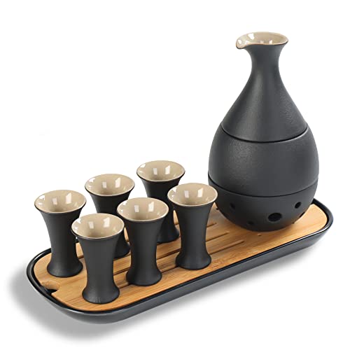 TEANAGOO Ensemble de saké japonais traditionnel, carafe à saké (170 ml) avec 6 tasses à saké (25 ml) pour liqueur de soju japonaise avec plateaux de service en bambou 10 pièces/ensemble
