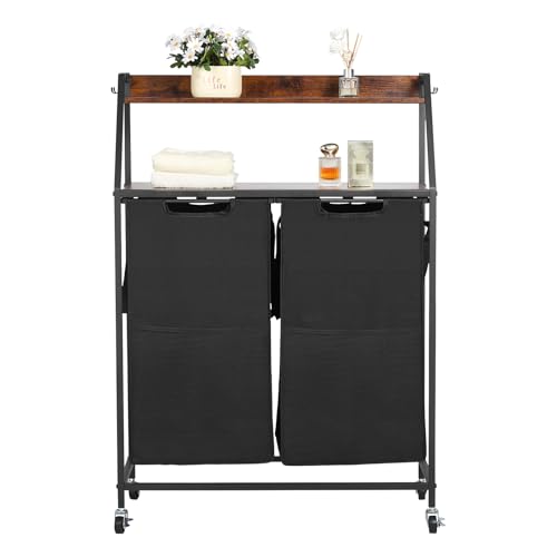 VEVOR Cesta para la Colada, Clasificador de Ropa 700 x 330 x 1045 mm con 2 Compartimentos de Tela Oxford 600D, Tablero de Madera, Ruedas y Estantes Tipo Escalera, Clasificador de Ropa Sucia, Negro