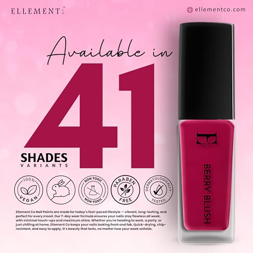 Image of Ellement Co Berry Blush Nail Polish 10 ml with rich berry pink shade delivers high gloss salon finish | ultra pigmented smooth application | quick drying formula | and long lasting chip resistant wear, perfect for parties, festive looks, daily glam, statement nails, and bold modern nail styling.