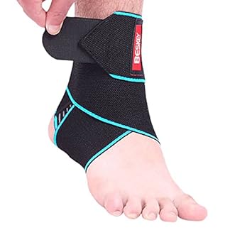 Black Beskey ankle brace with blue trim and red logo on a foot, adjustable strap being secured.