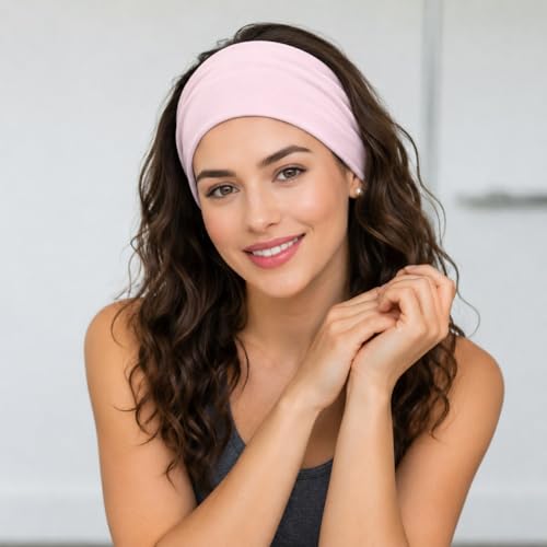 Image of XFYT Super Soft Fabric Women Hairband| Soft Absorbent Trendy Wide Premium Stretchable Sports Headbands (Blush Pink)
