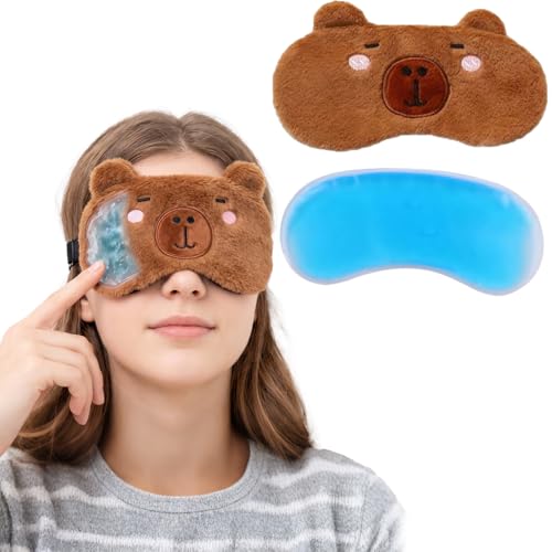 Estuche Capybara Kawaii Antifaz de Peluche para Dormir con Bolsa de Gel Desmontable, 360° Opaco Total, Ajustable, Compresas Frías y Calientes para Fatiga Ocular, Viajes Siesta Unisex