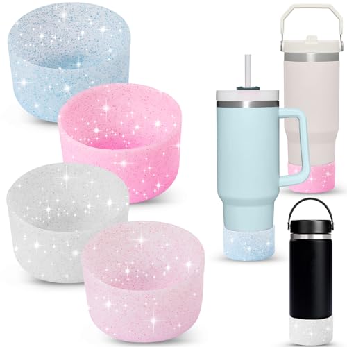 VZZNN 4-Pack Protective Glitter Silicone Boot for Stanley Quencher 20-40 oz and Hydroflask 12-24 oz,Compatible with All Water Bottles with Bottom Width of 2.85-3.56in?Blue Pink Purple Silver?