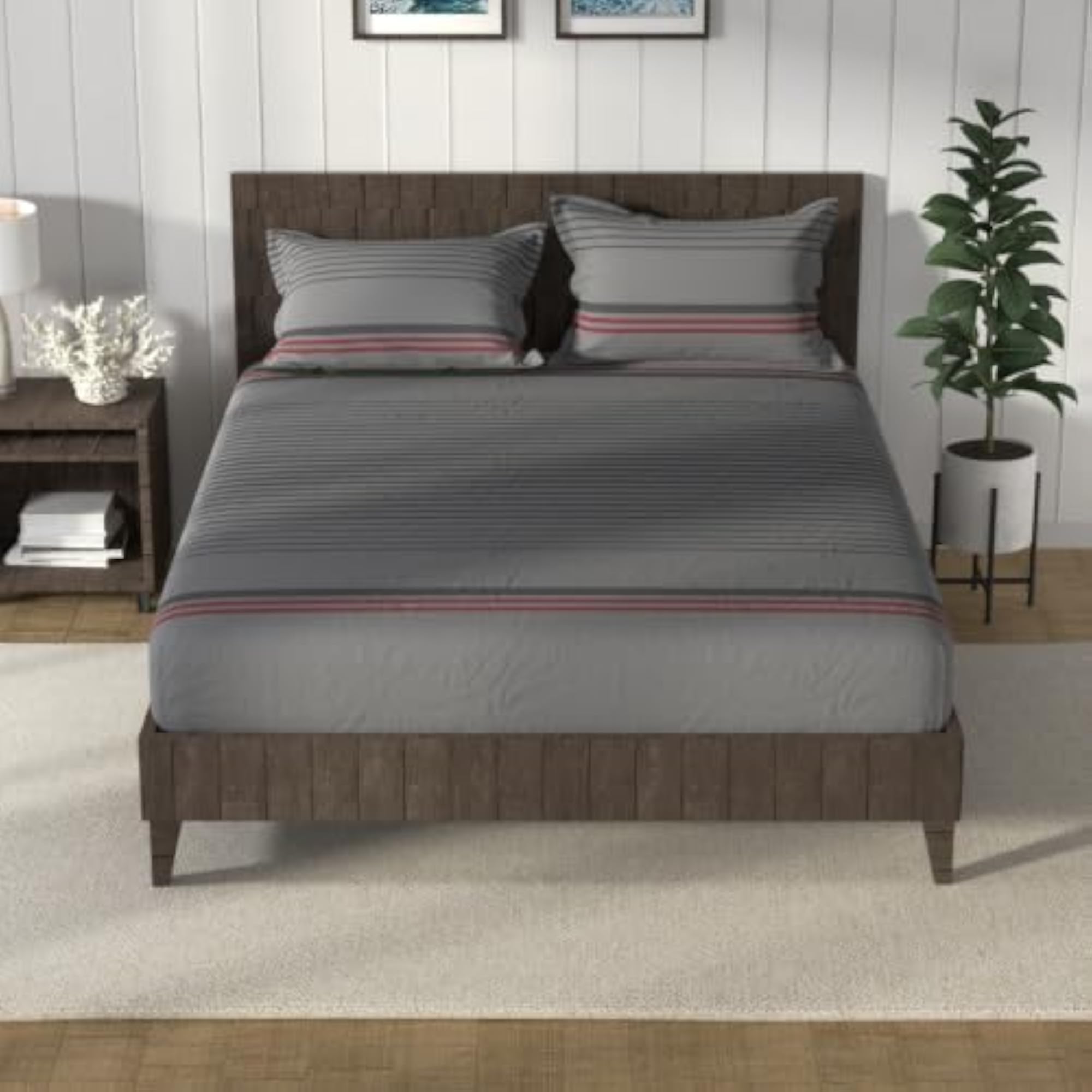 Cotton King Bedsheet with 2 Pillow Covers, Grey/Maroon