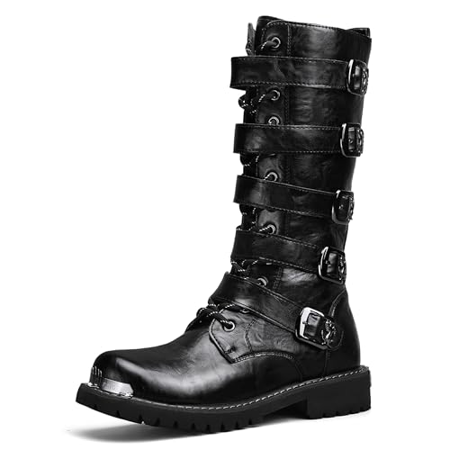 Peileg Mens Black Cool Style Eye Catching Buckle Closure High Top Leather Motorcycle Boots Waterproof Non Slip Wear Resistant Durable Stitching Shoes Body Lightweight And Soft Shoes thumb #7