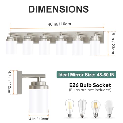 Image of IZORRO Bathroom Vanity Light Fixture, 6-Light 46 Inch Brushed Nickel Bathroom Light Fixtures Over Mirror, with White Glass Shade, Modern Farmhouse Vanity Lights, Rustic Restroom Lighting Fixtures